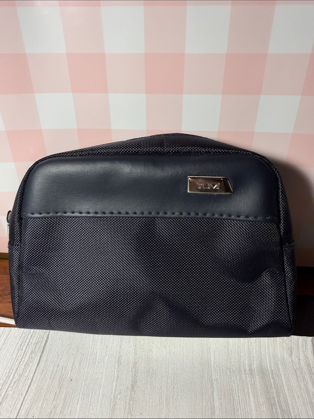TUMI For Delta Travel Toiletry Bag Case Set Navy Blue Nylon With Eye Mask.